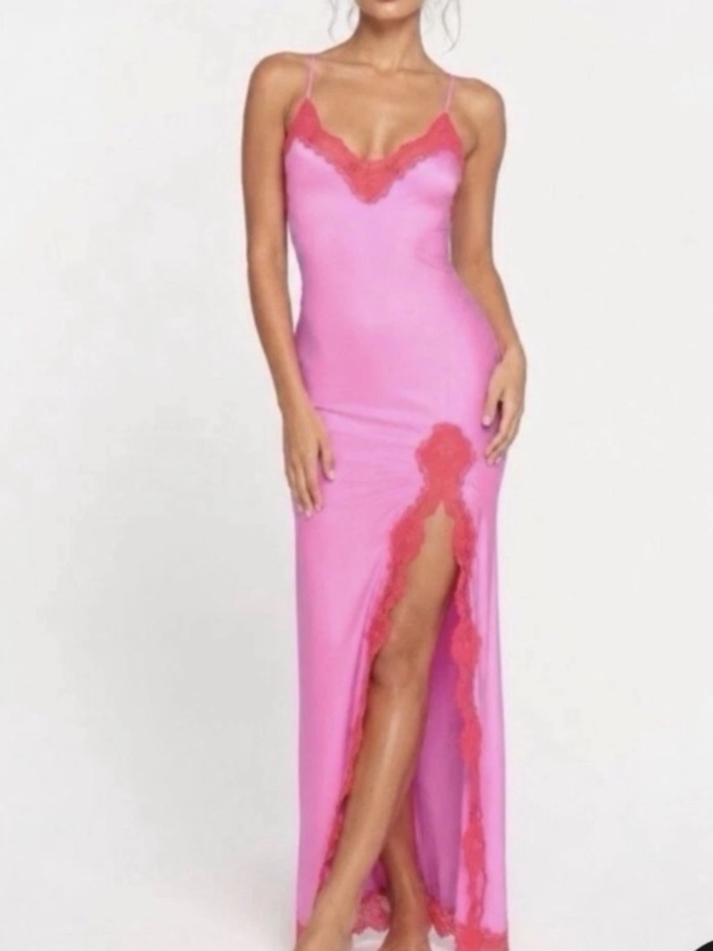 SKIMS Lace Shine Long Lace Dress Neon Orchid Pink Red Size M Limited Edition